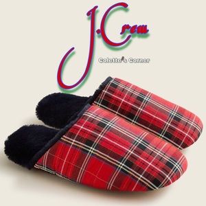 J.Crew Red Tartan Plaid Shine Navy Blue Faux Fur Sherpa Lined Slippers